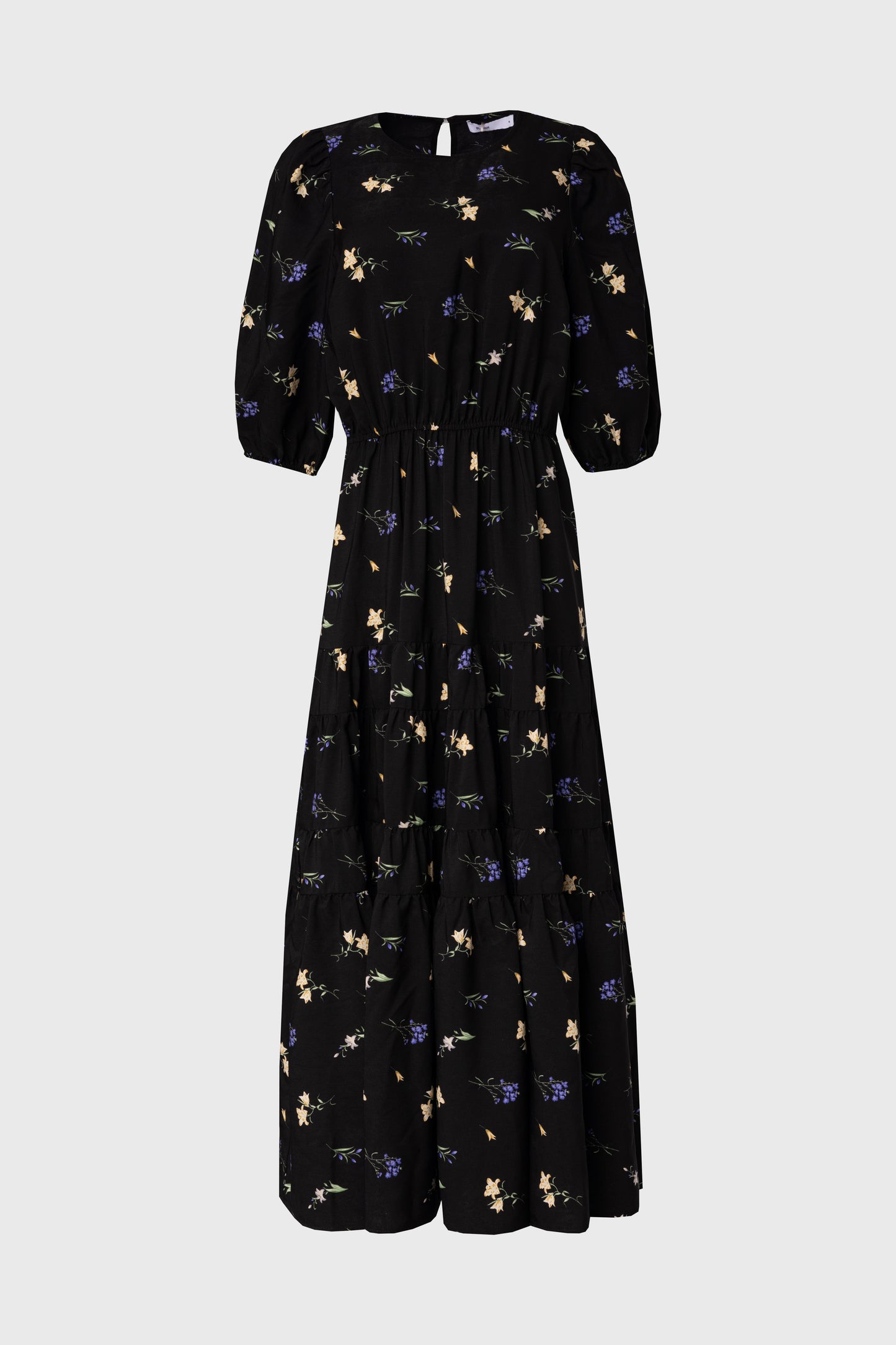 Black Floral Print Tiered Dress