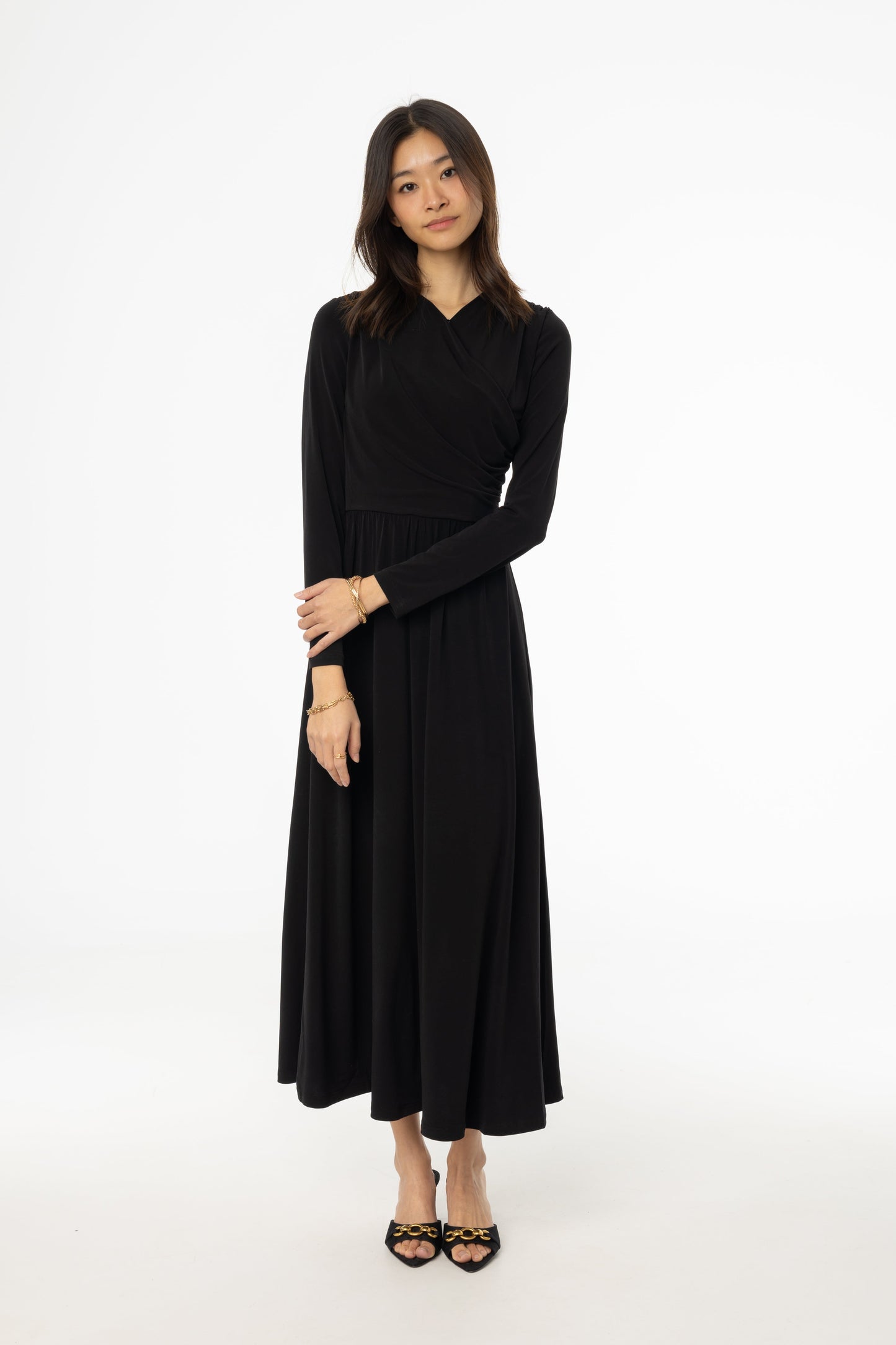 Black Slinky Faux Wrap Maxi Dress