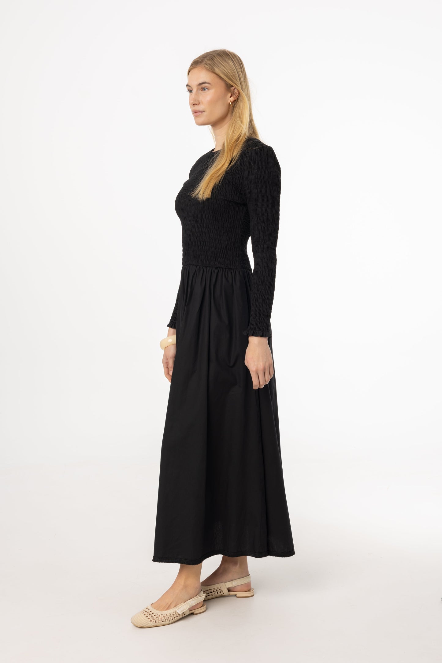 Black Smocked Cotton Maxi Dress