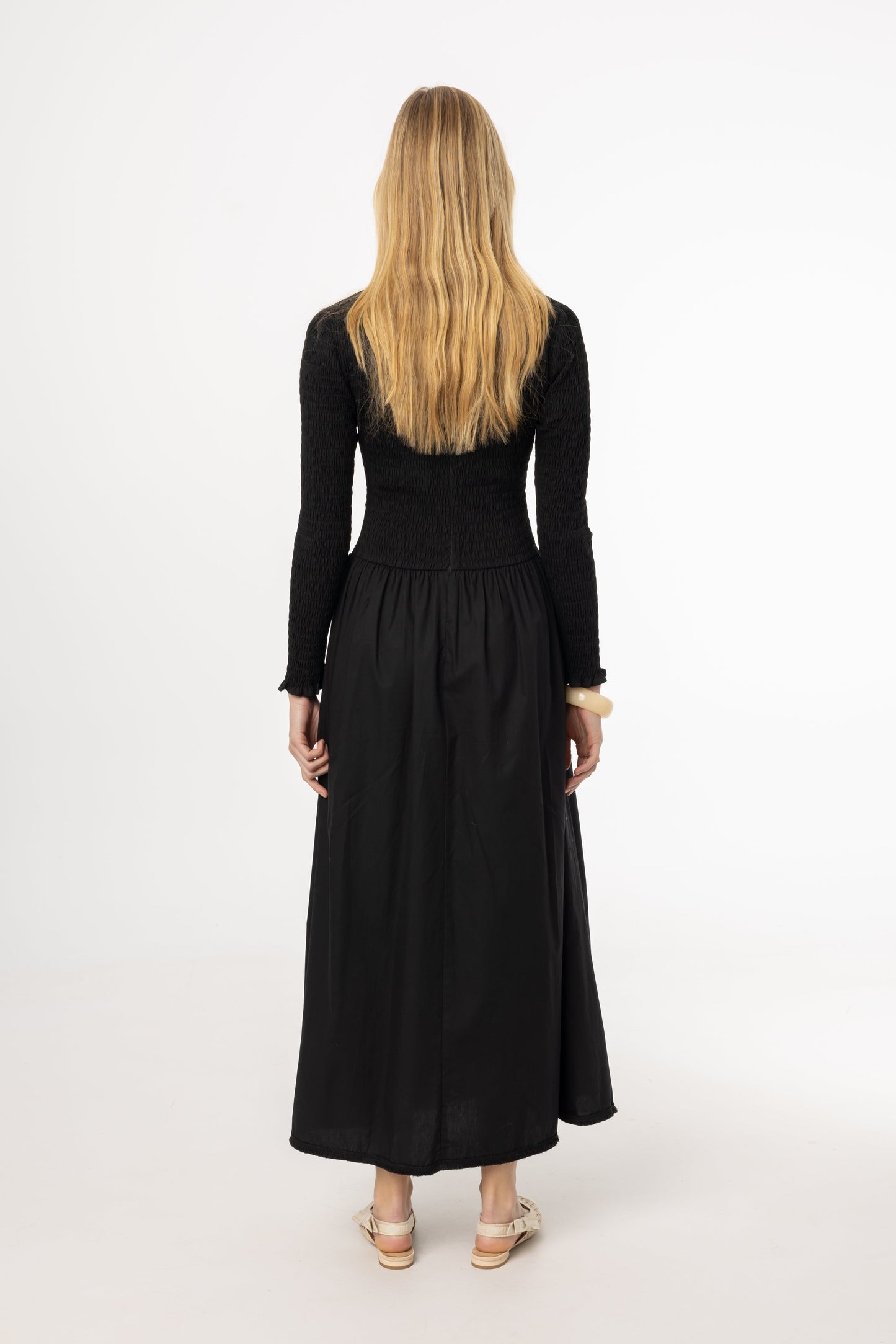 Black Smocked Cotton Maxi Dress