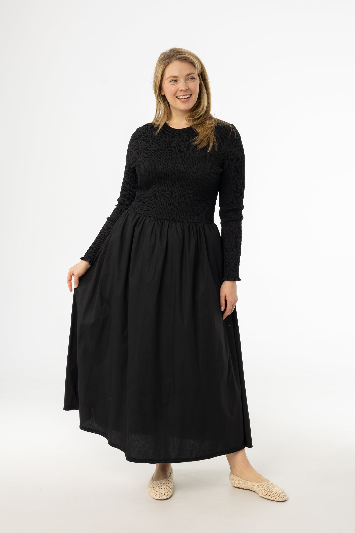 Black Smocked Cotton Maxi Dress