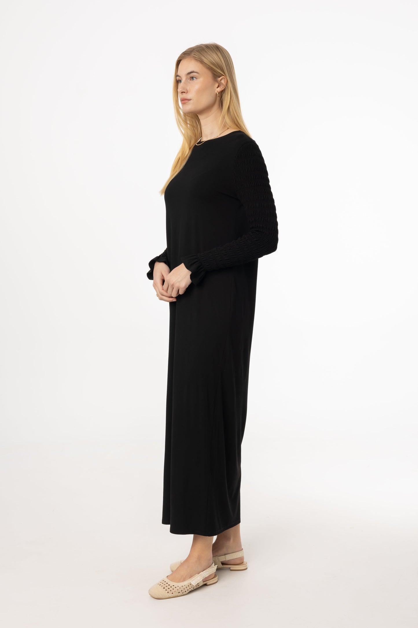Black Smocked Sleeve Maxi Dress