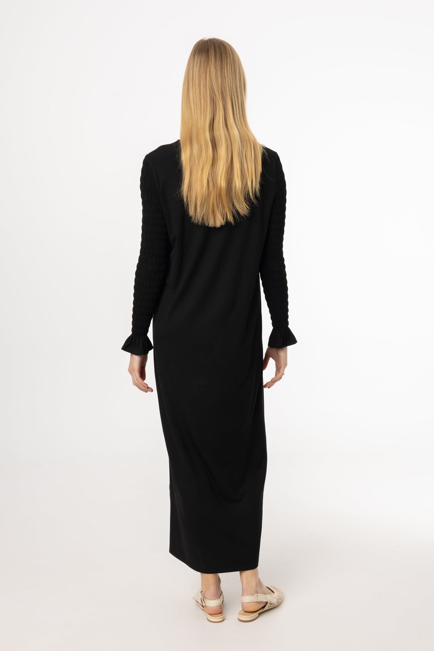 Black Smocked Sleeve Maxi Dress