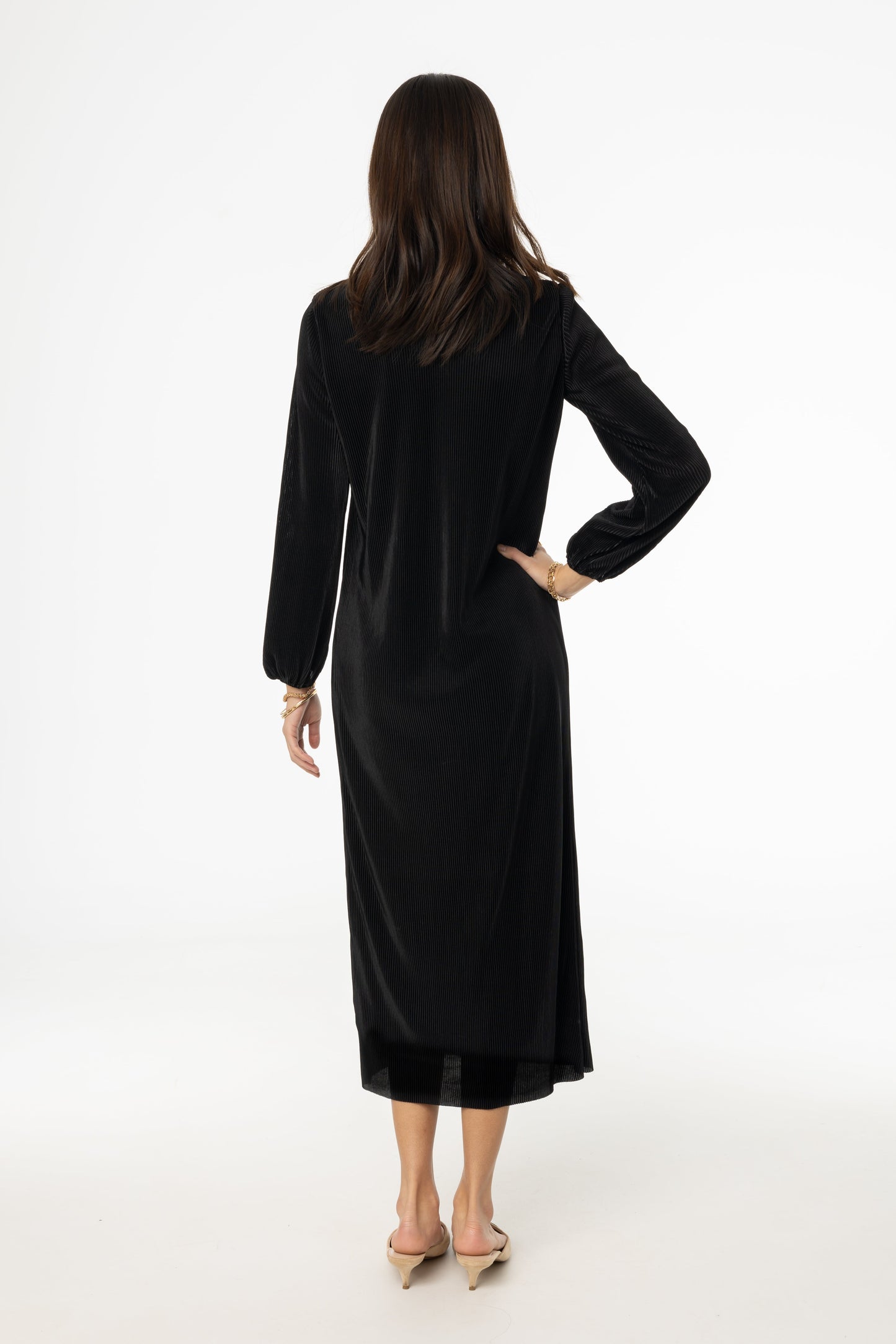 Black Square Neck Accordion Pleat Maxi Dress