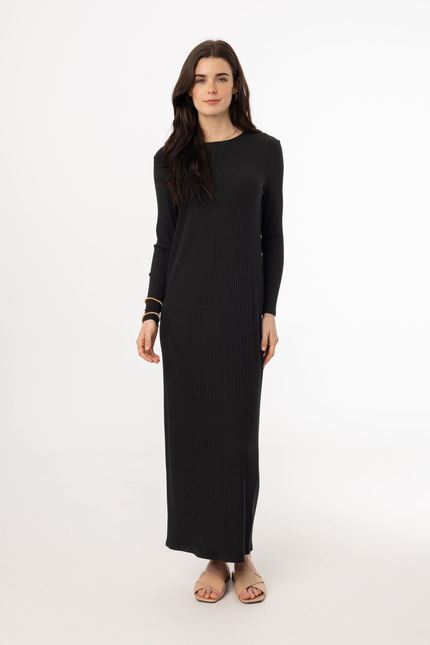 Black Wide Ribbed Basic Maxi Dress