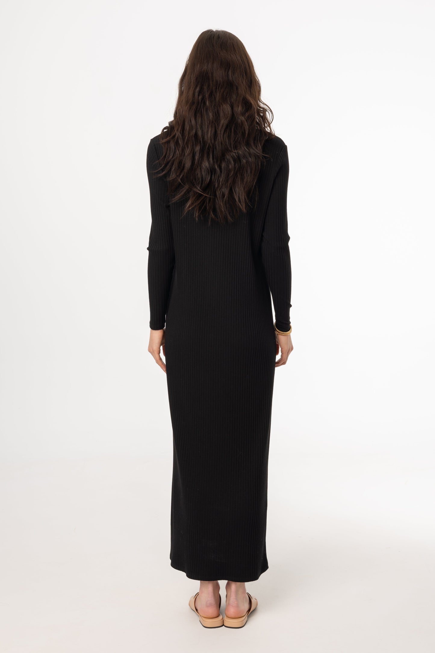 Black Wide Ribbed Basic Maxi Dress