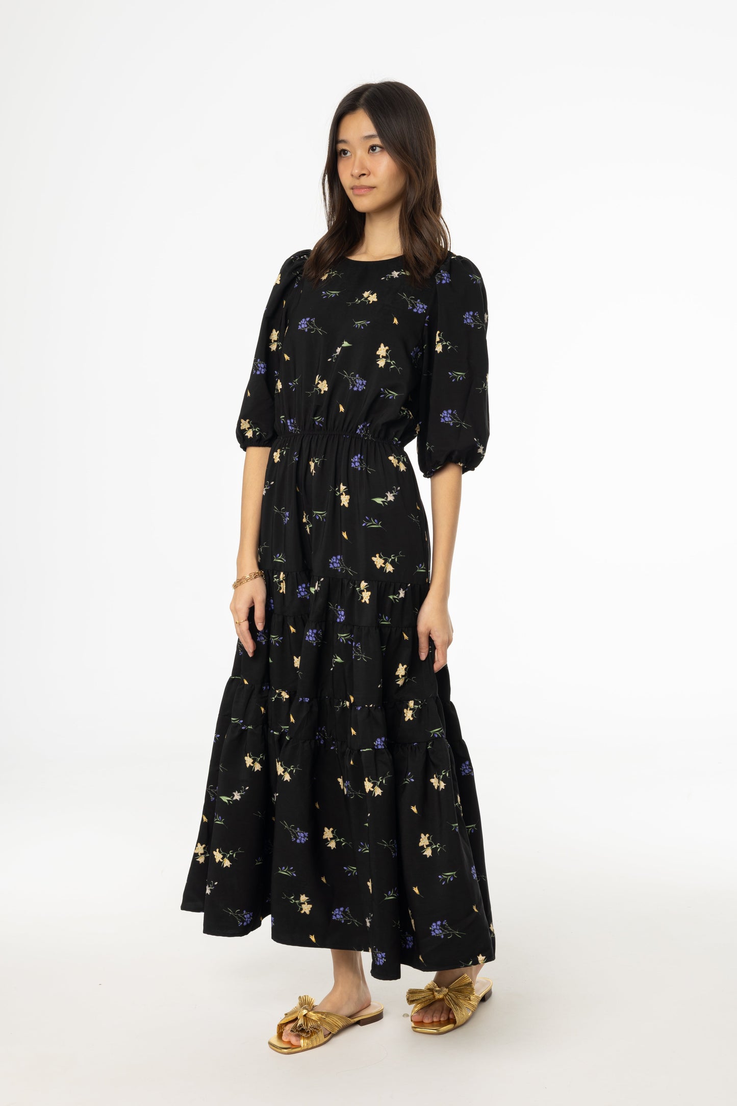 Black Floral Print Tiered Dress