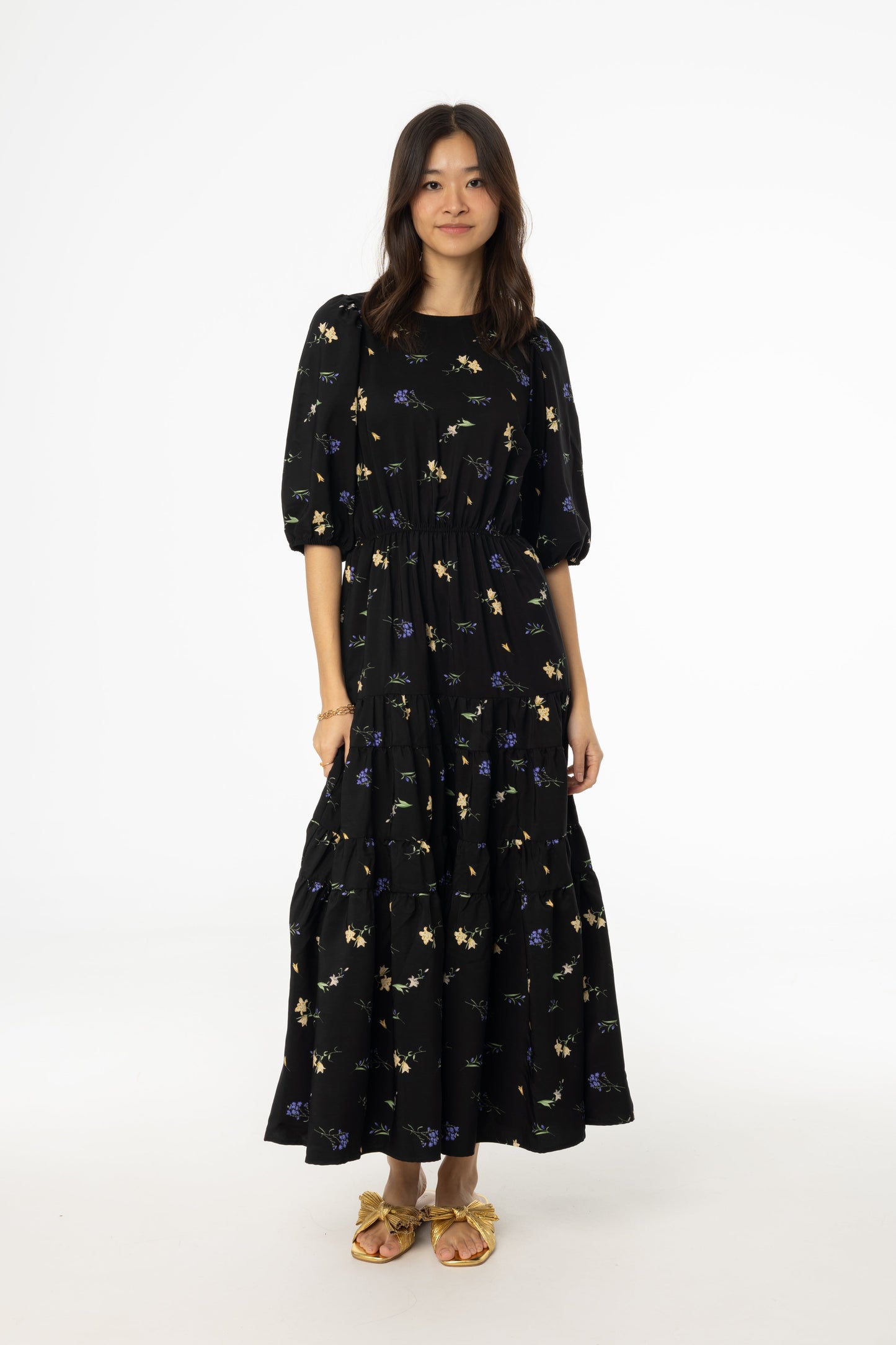Black Floral Print Tiered Dress
