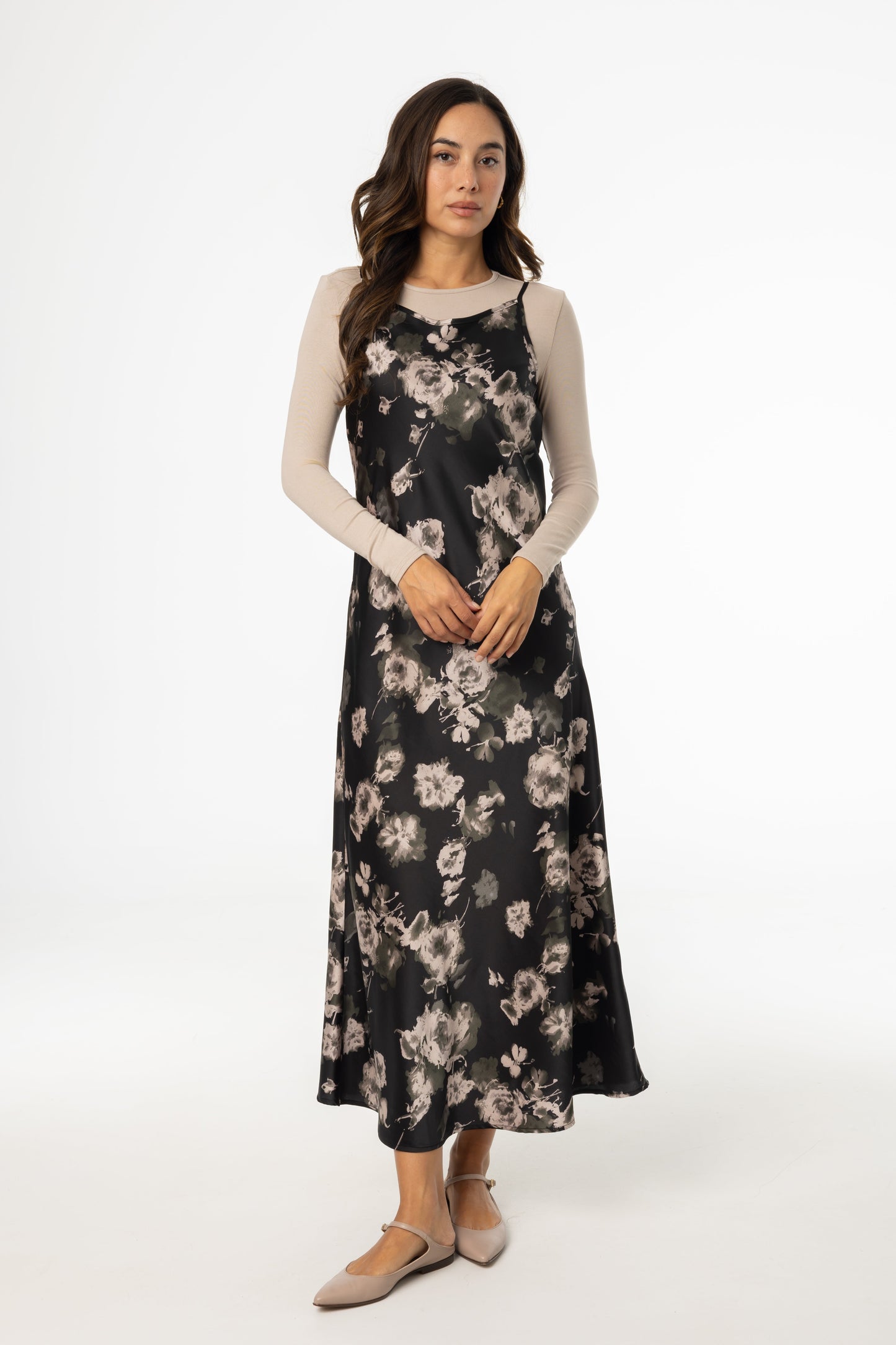Black Floral Printed Slip Dress