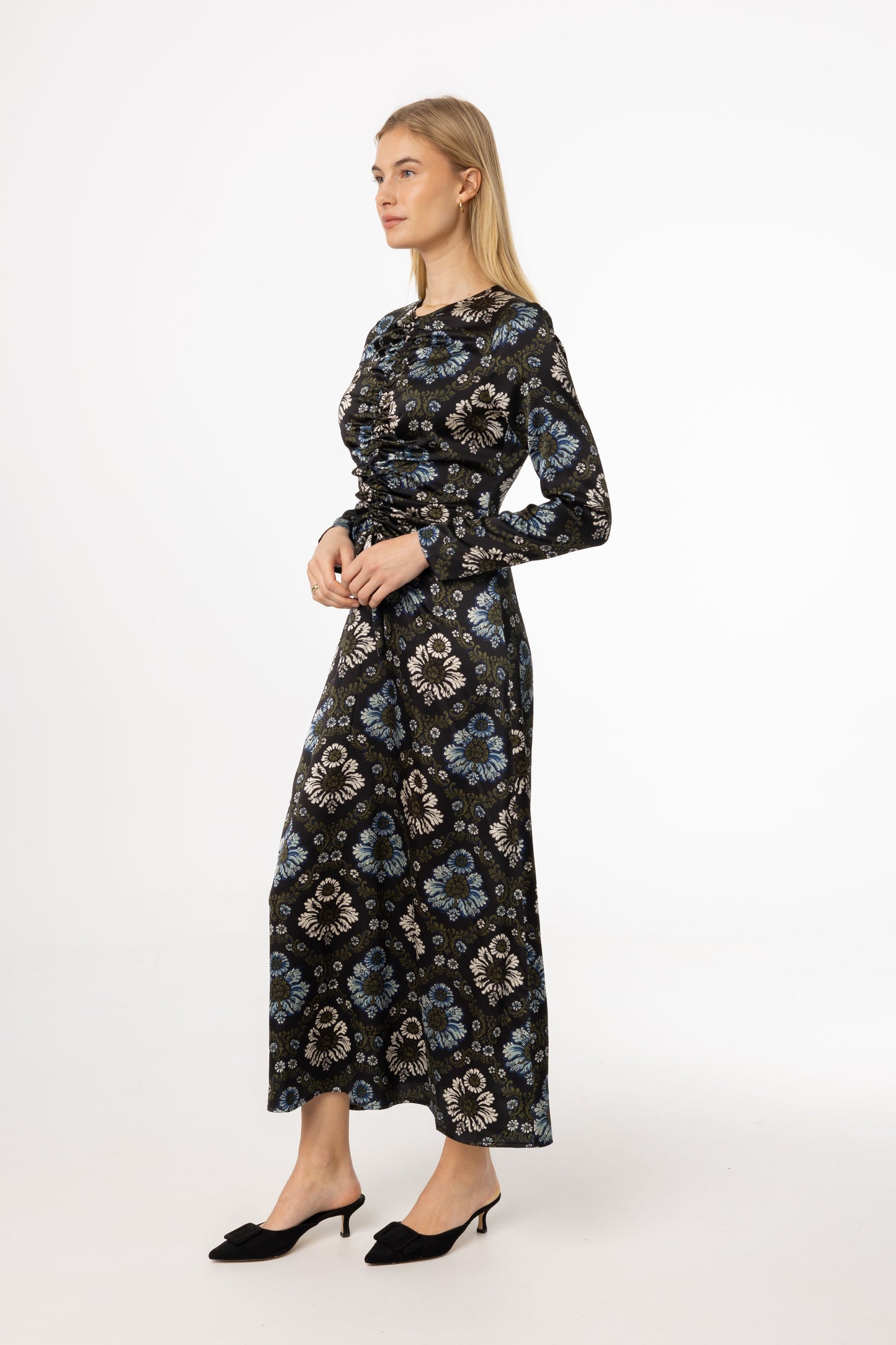 Green and Blue Printed Ruched Maxi Dress