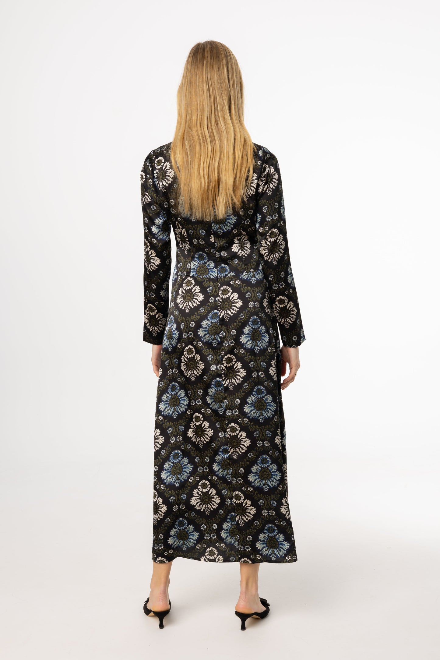 Green and Blue Printed Ruched Maxi Dress
