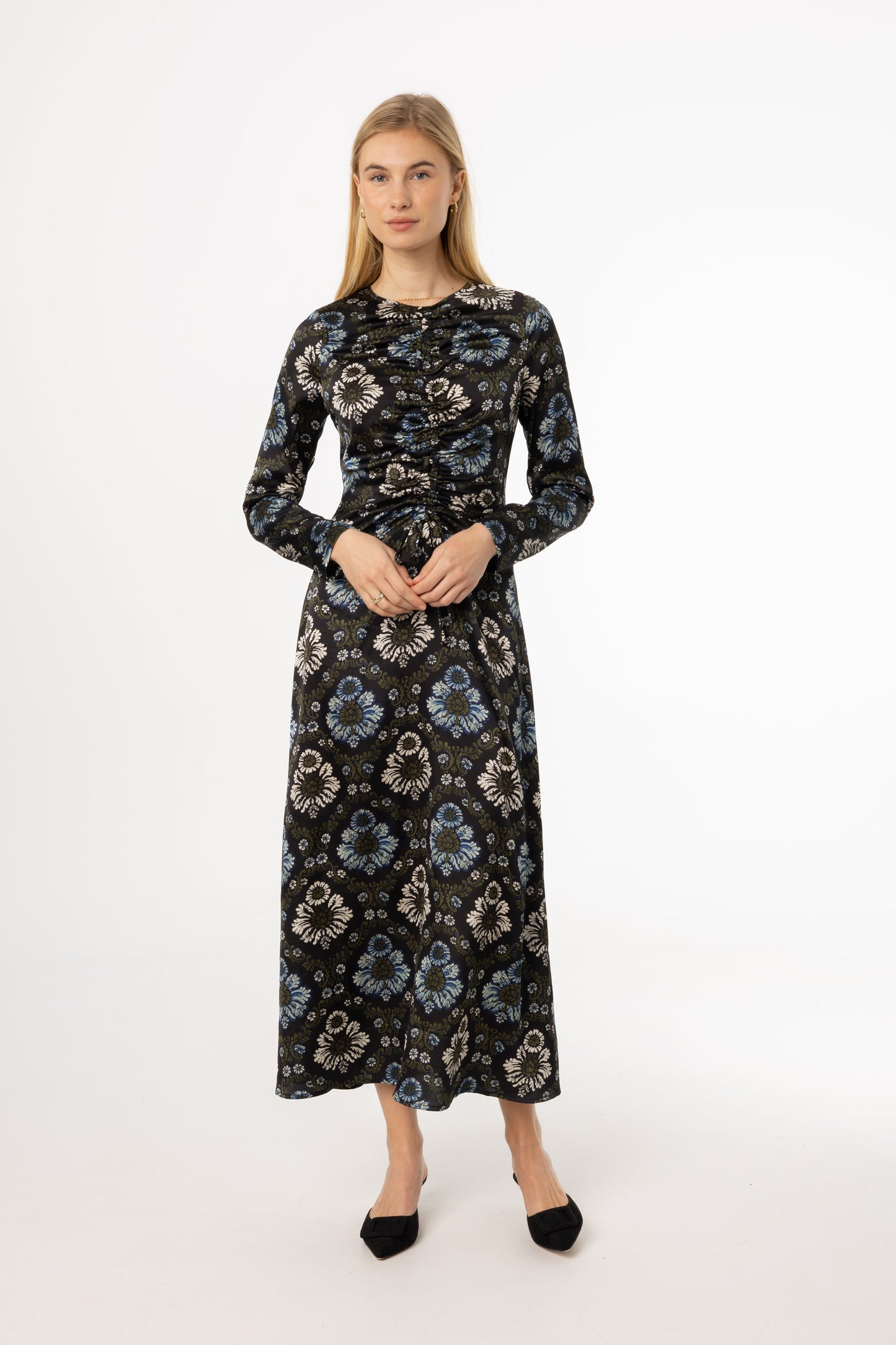 Green and Blue Printed Ruched Maxi Dress