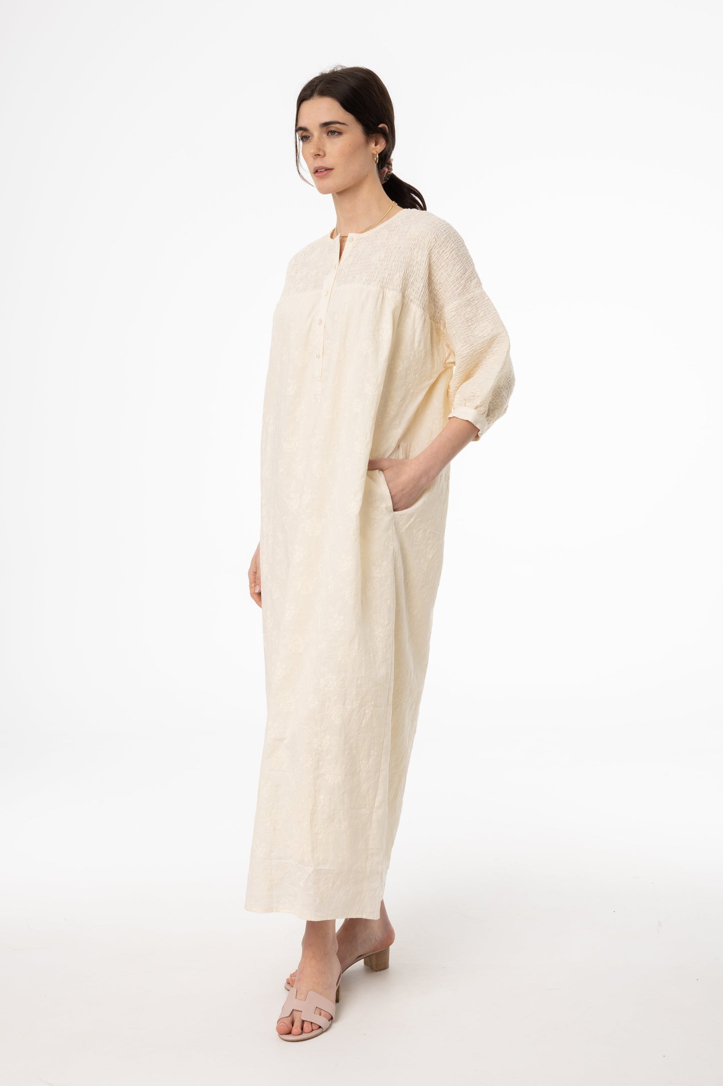 Ivory Embroidered Smocked Maxi Dress