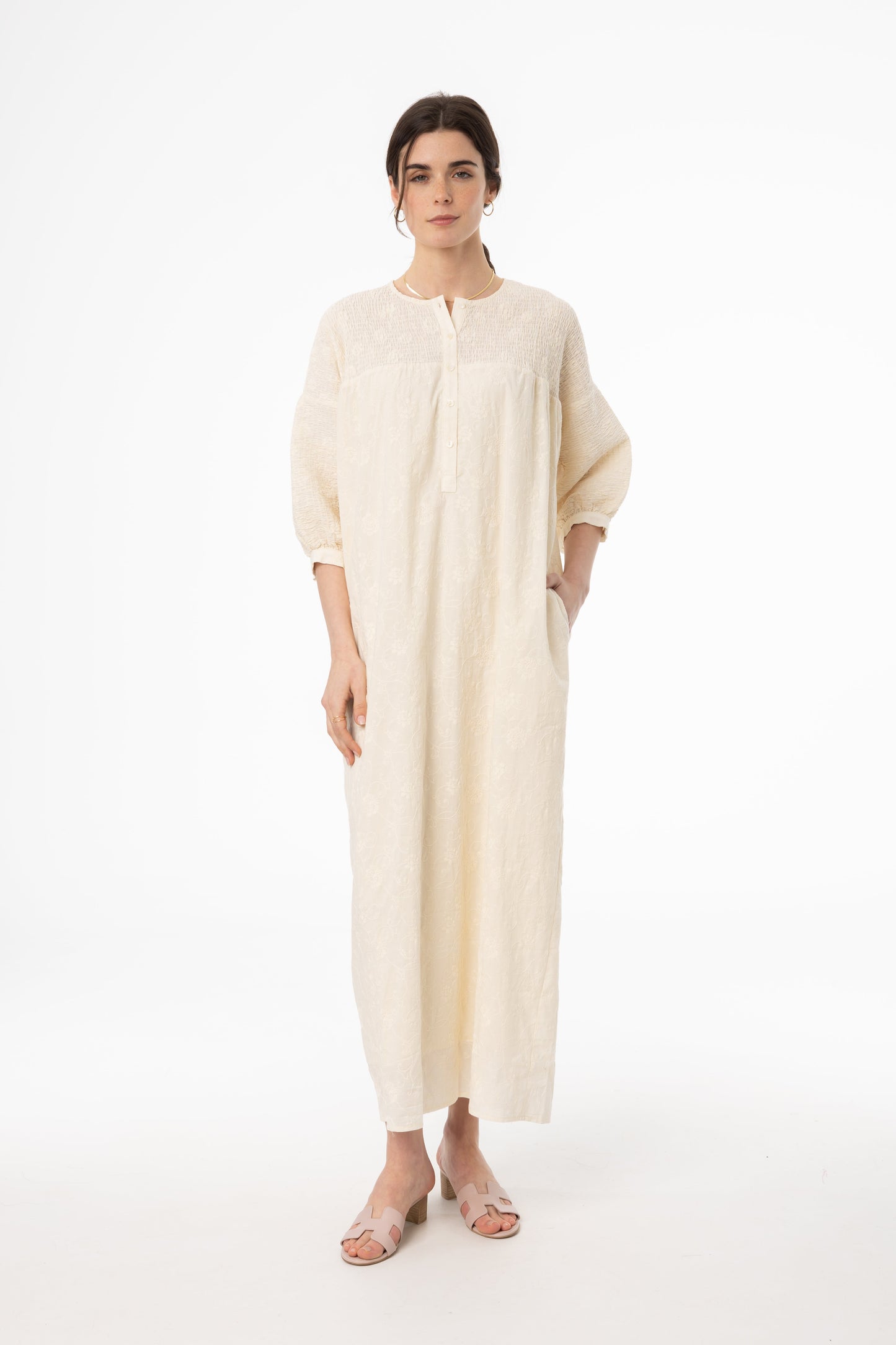 Ivory Embroidered Smocked Maxi Dress