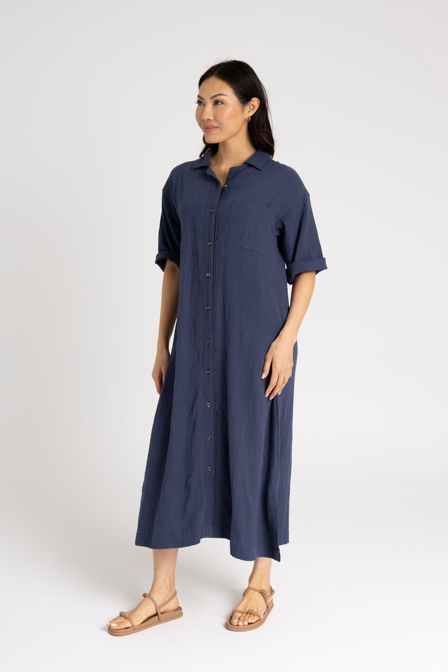 Navy Gauze Button Down Maxi