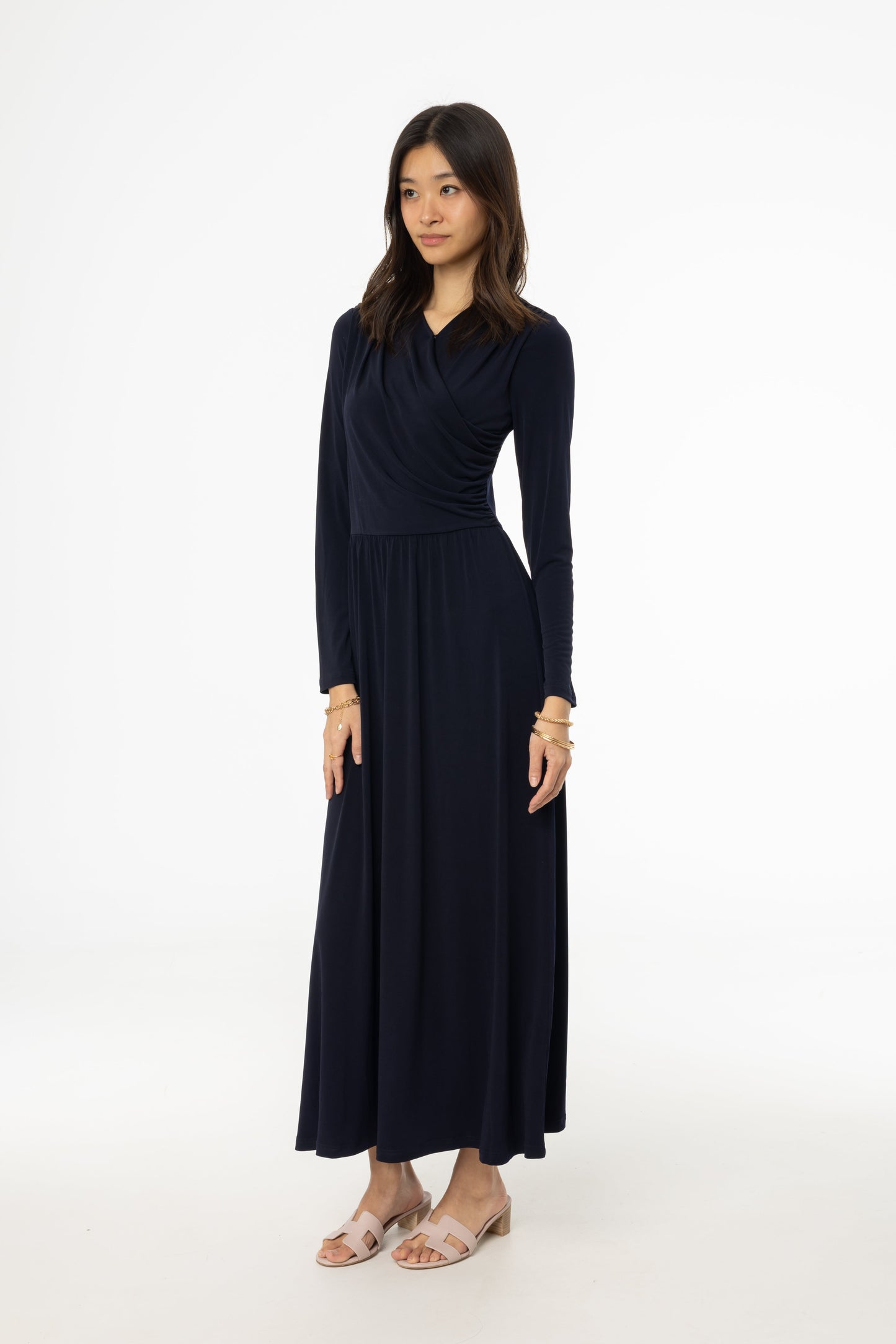 Navy Slinky Faux Wrap Maxi Dress