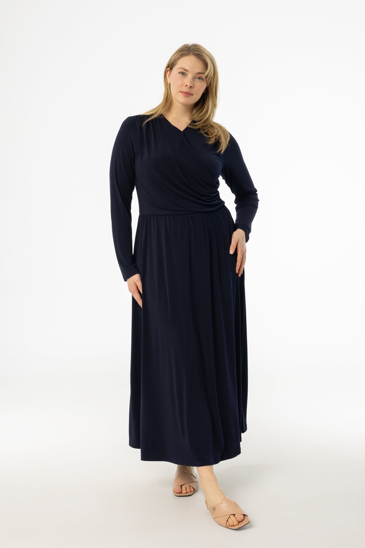 Navy Slinky Faux Wrap Maxi Dress