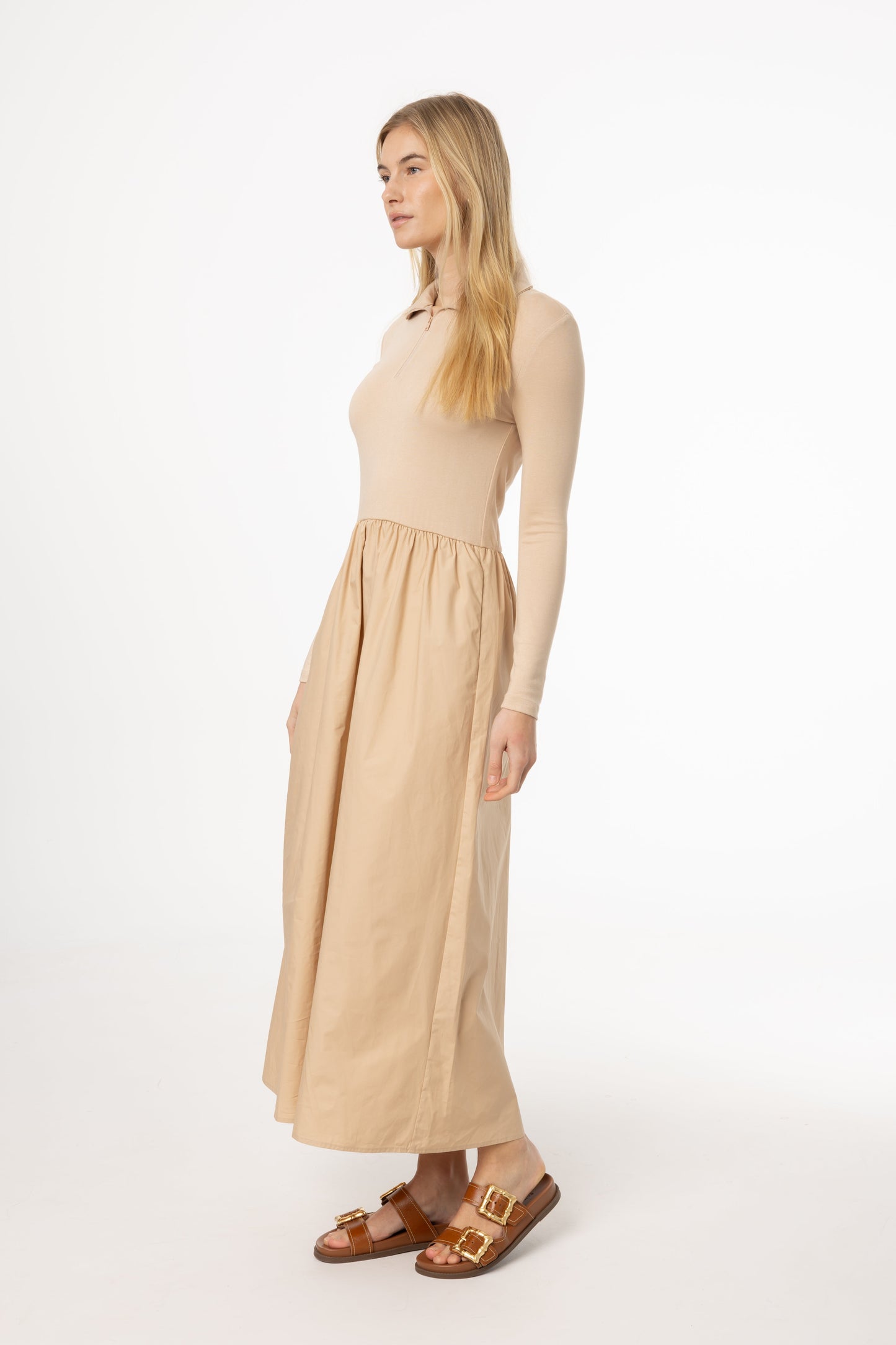 Tan Quarter Zip Maxi Dress