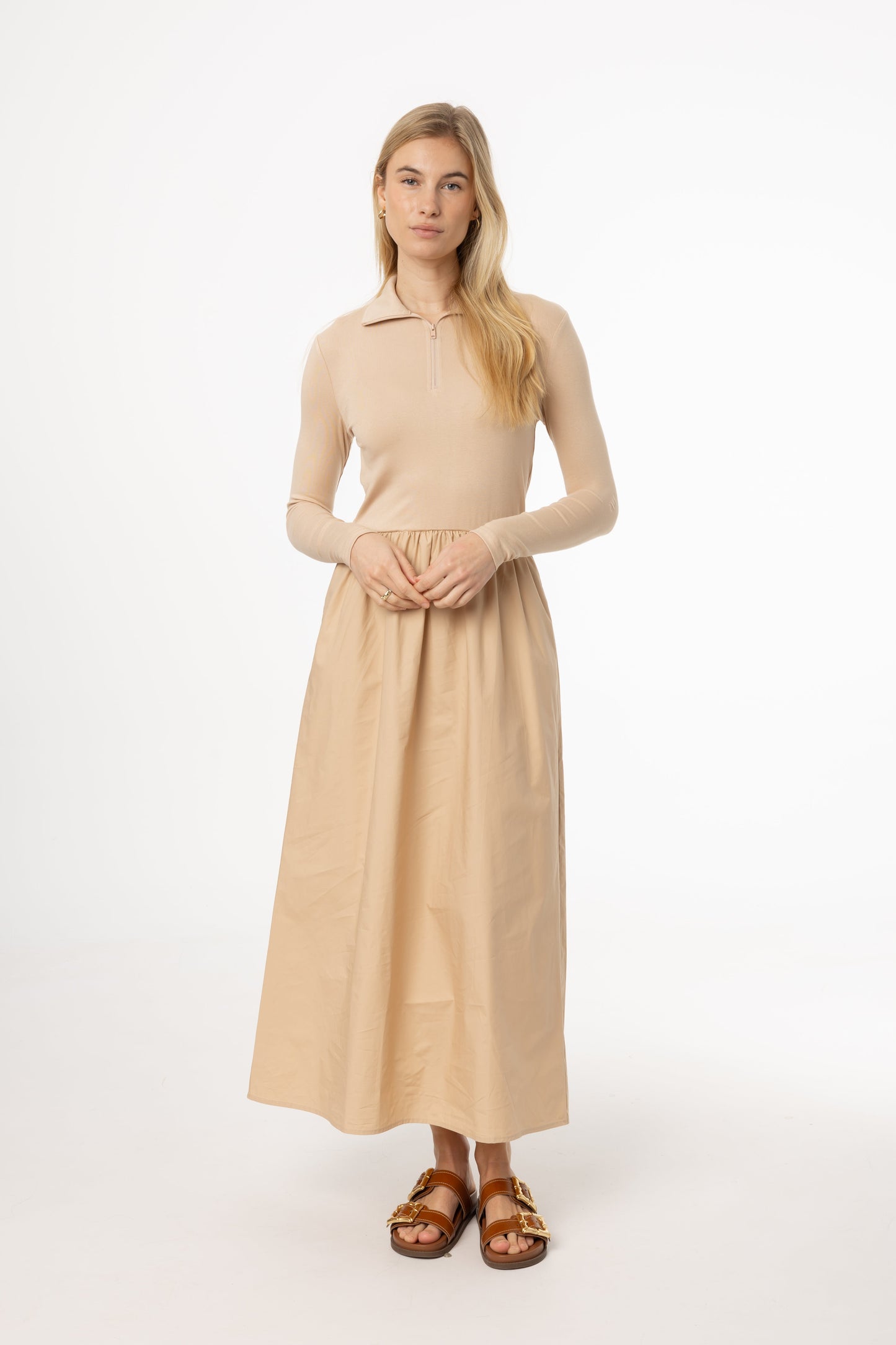Tan Quarter Zip Maxi Dress
