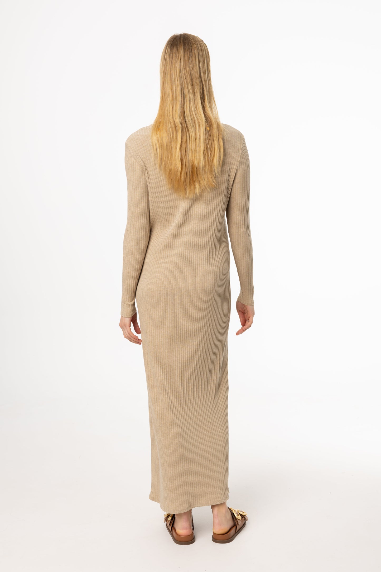 Tan Wide Ribbed Basic Maxi Dress