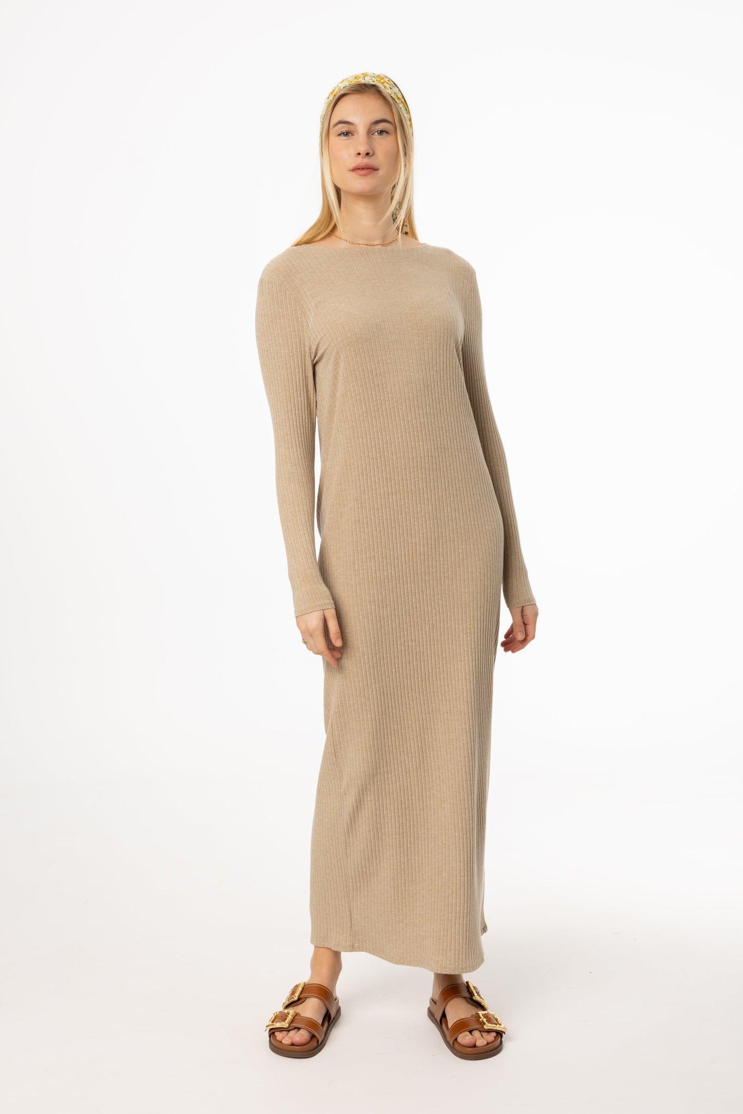 Tan Wide Ribbed Basic Maxi Dress