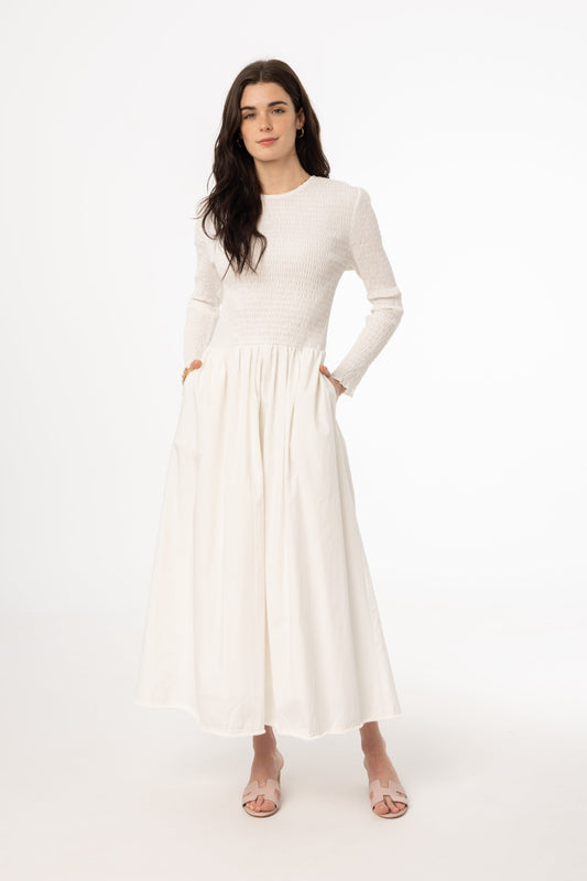 White Smocked Cotton Maxi Dress