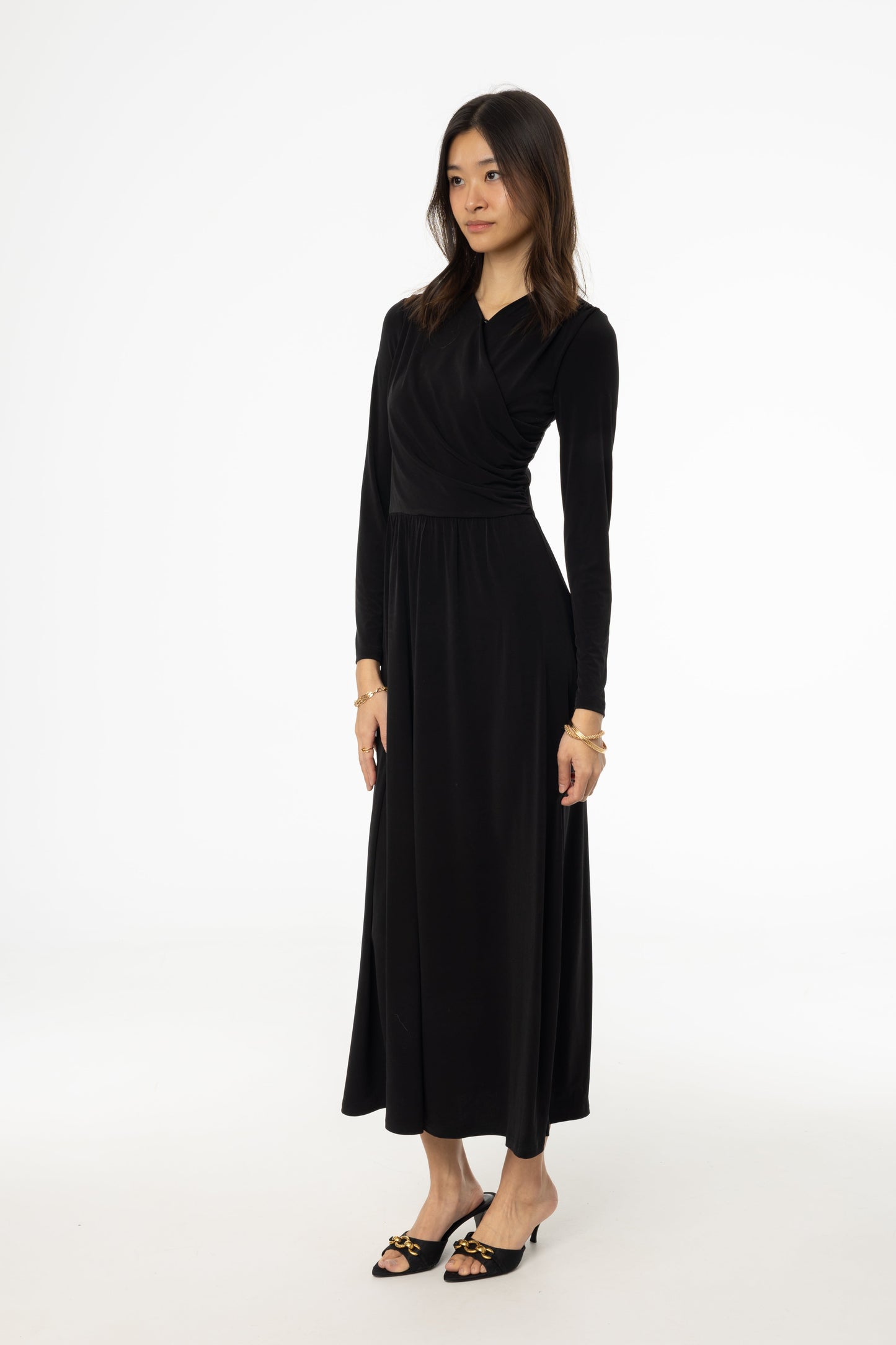 Black Slinky Faux Wrap Maxi Dress