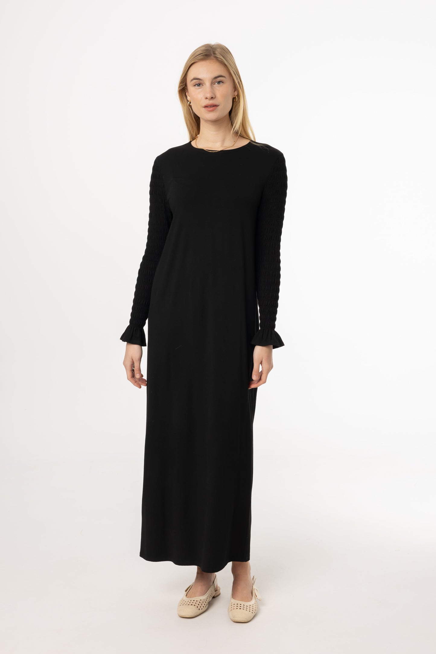 Black Smocked Sleeve Maxi Dress