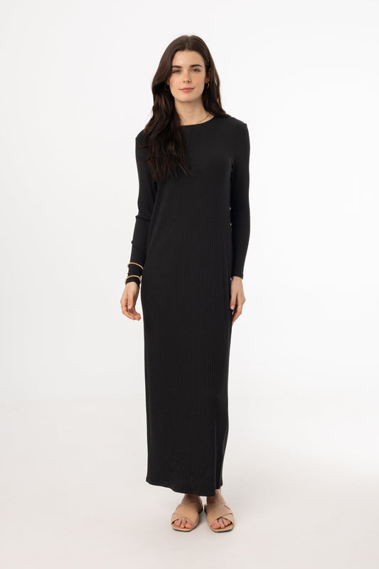 Black Wide Ribbed Basic Maxi Dress