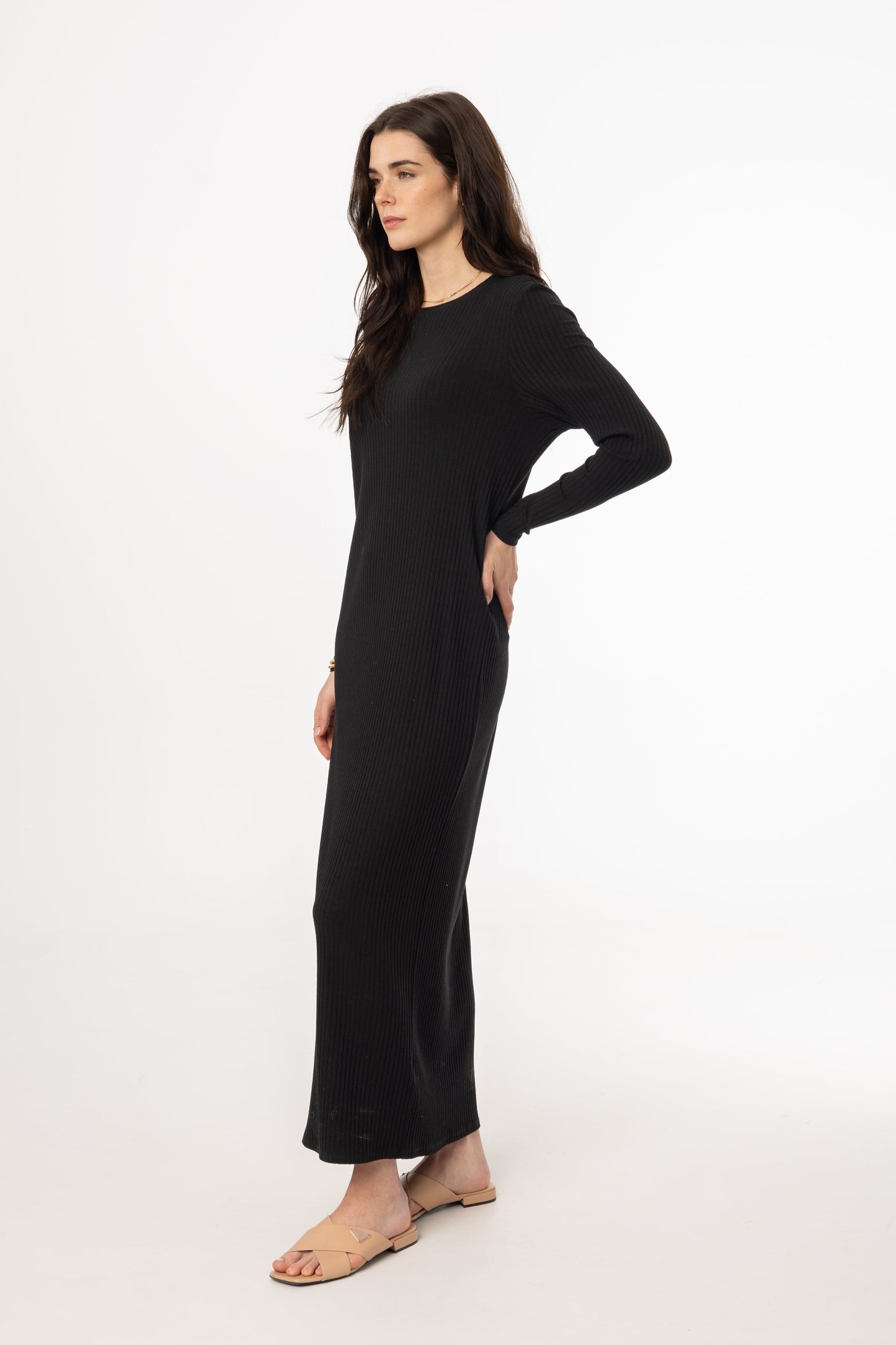 Black Wide Ribbed Basic Maxi Dress