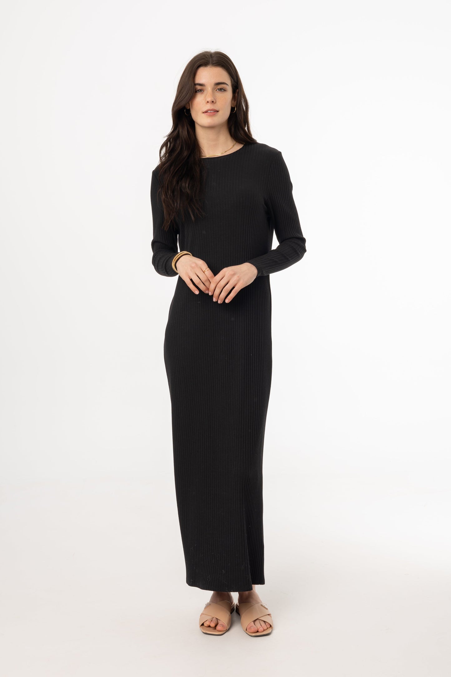 Black Wide Ribbed Basic Maxi Dress