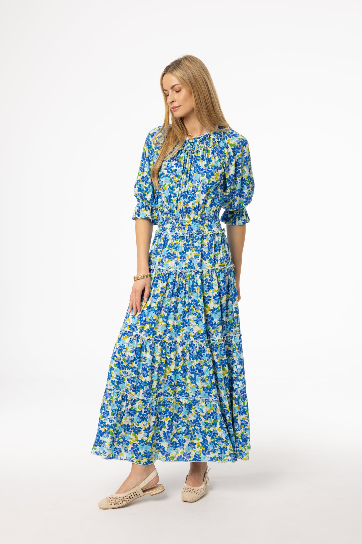Blue Floral Smocked Maxi Dress