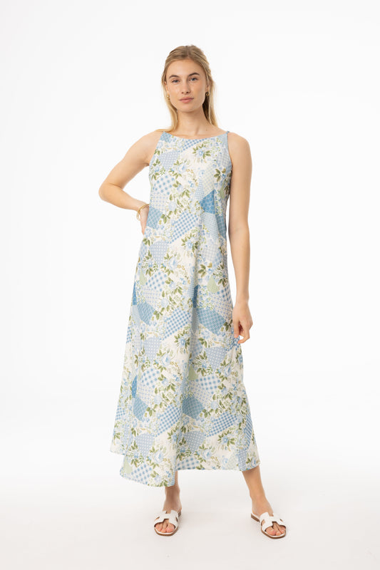 Blue Patchwork Printed Slip Dress