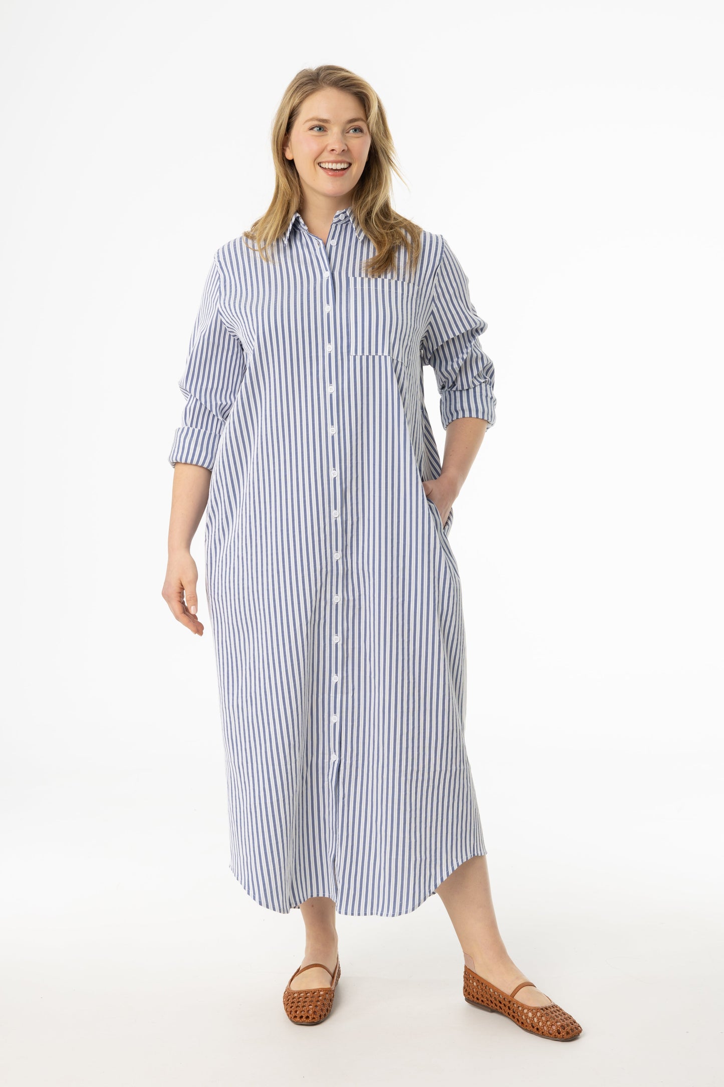 Blue Striped Stretch Maxi Shirt Dress