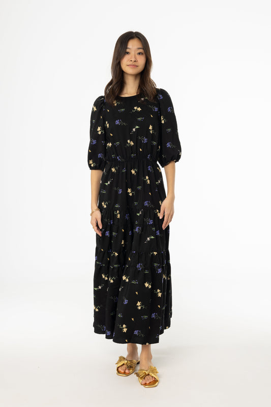 Black Floral Print Tiered Dress