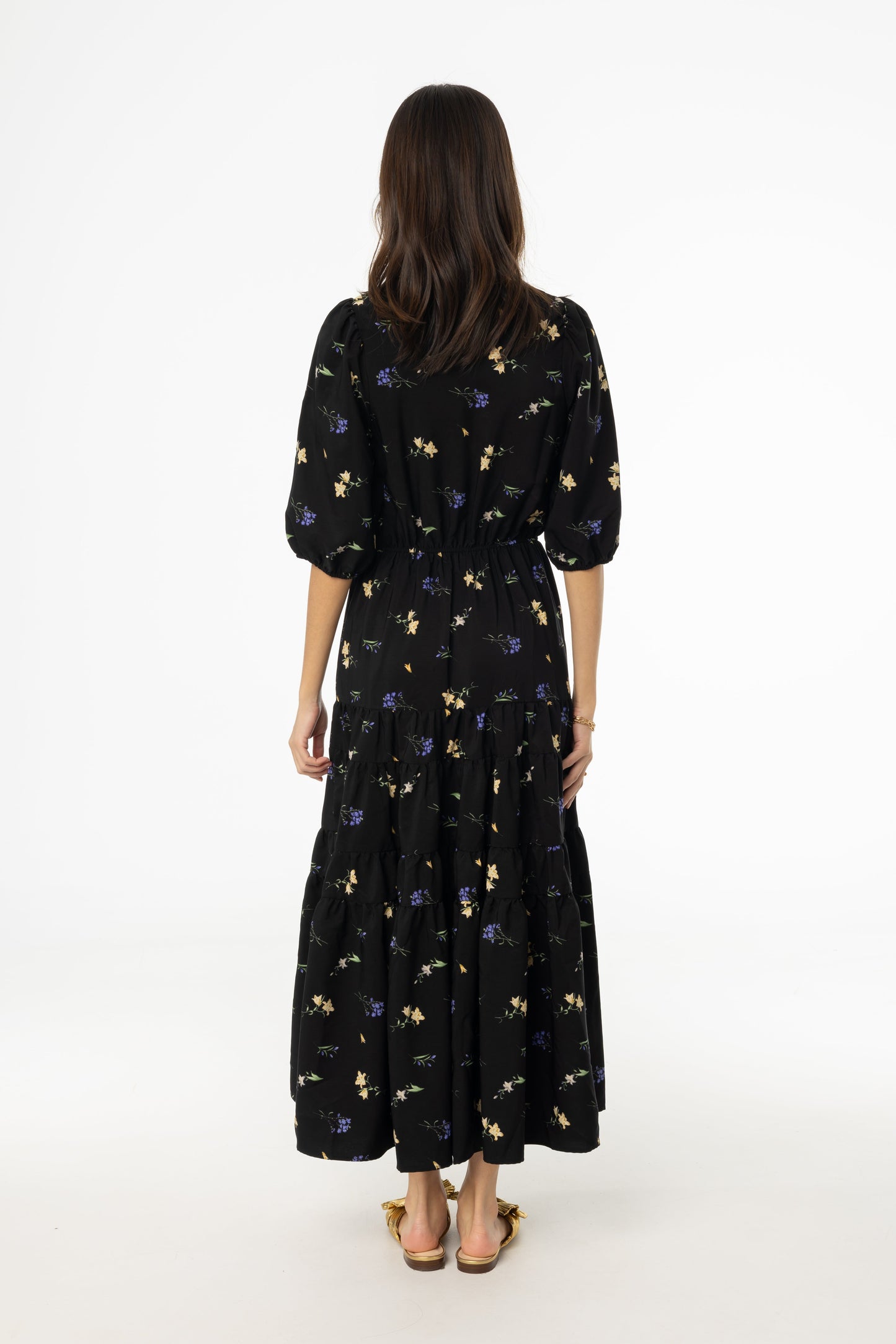 Black Floral Print Tiered Dress