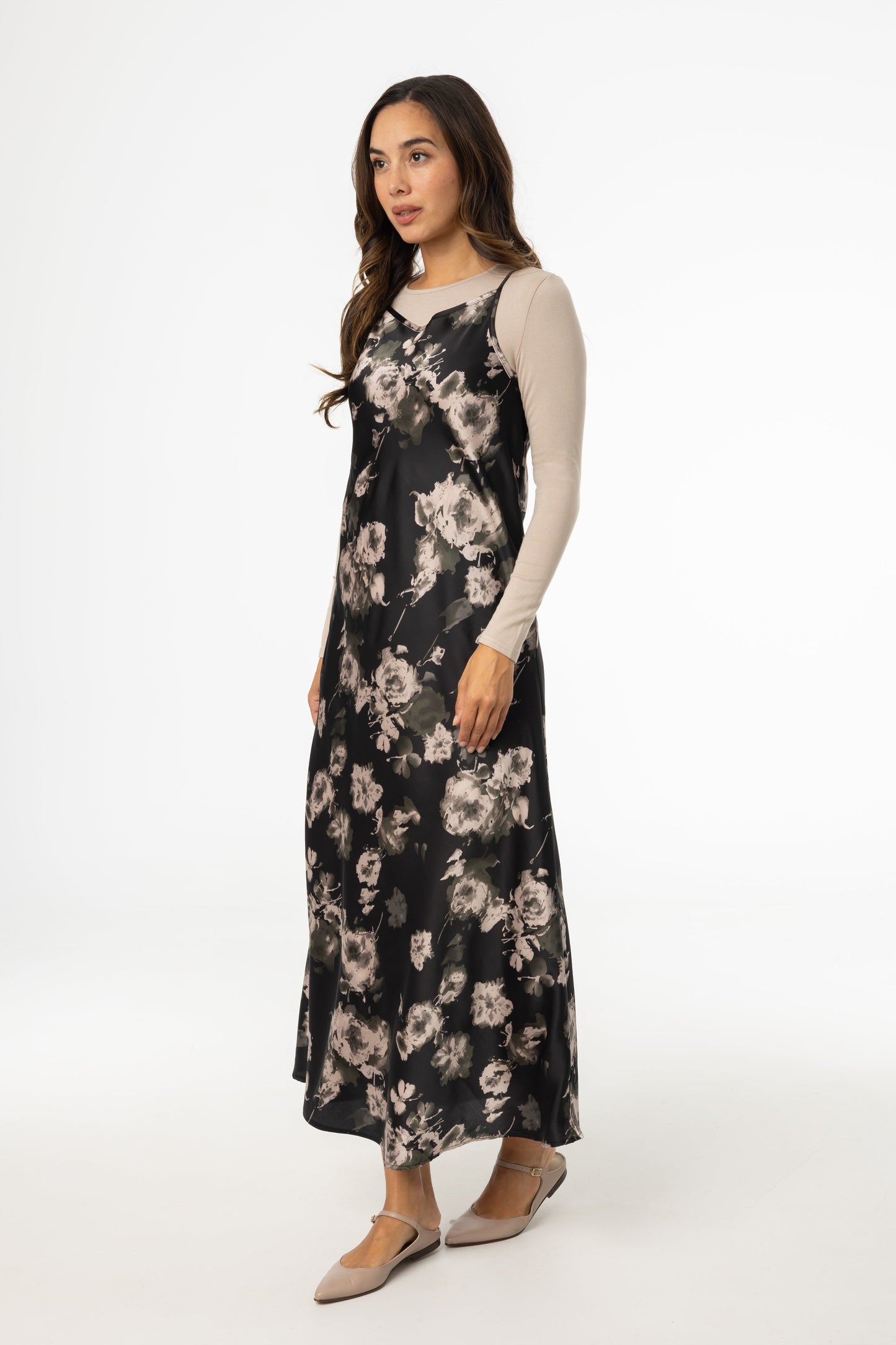 Black Floral Printed Slip Dress
