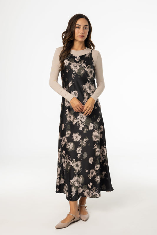 Black Floral Printed Slip Dress