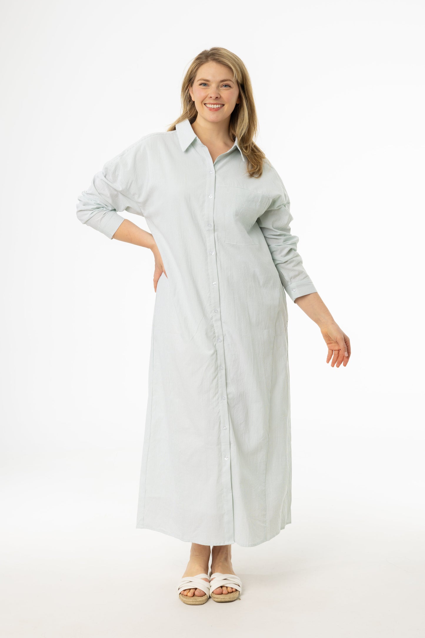Green Striped Maxi Shirt Dress