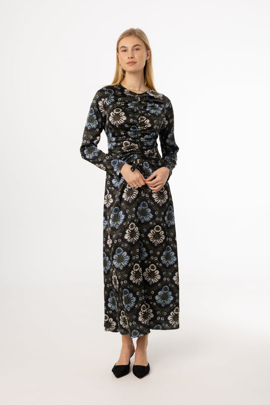 Green and Blue Printed Ruched Maxi Dress