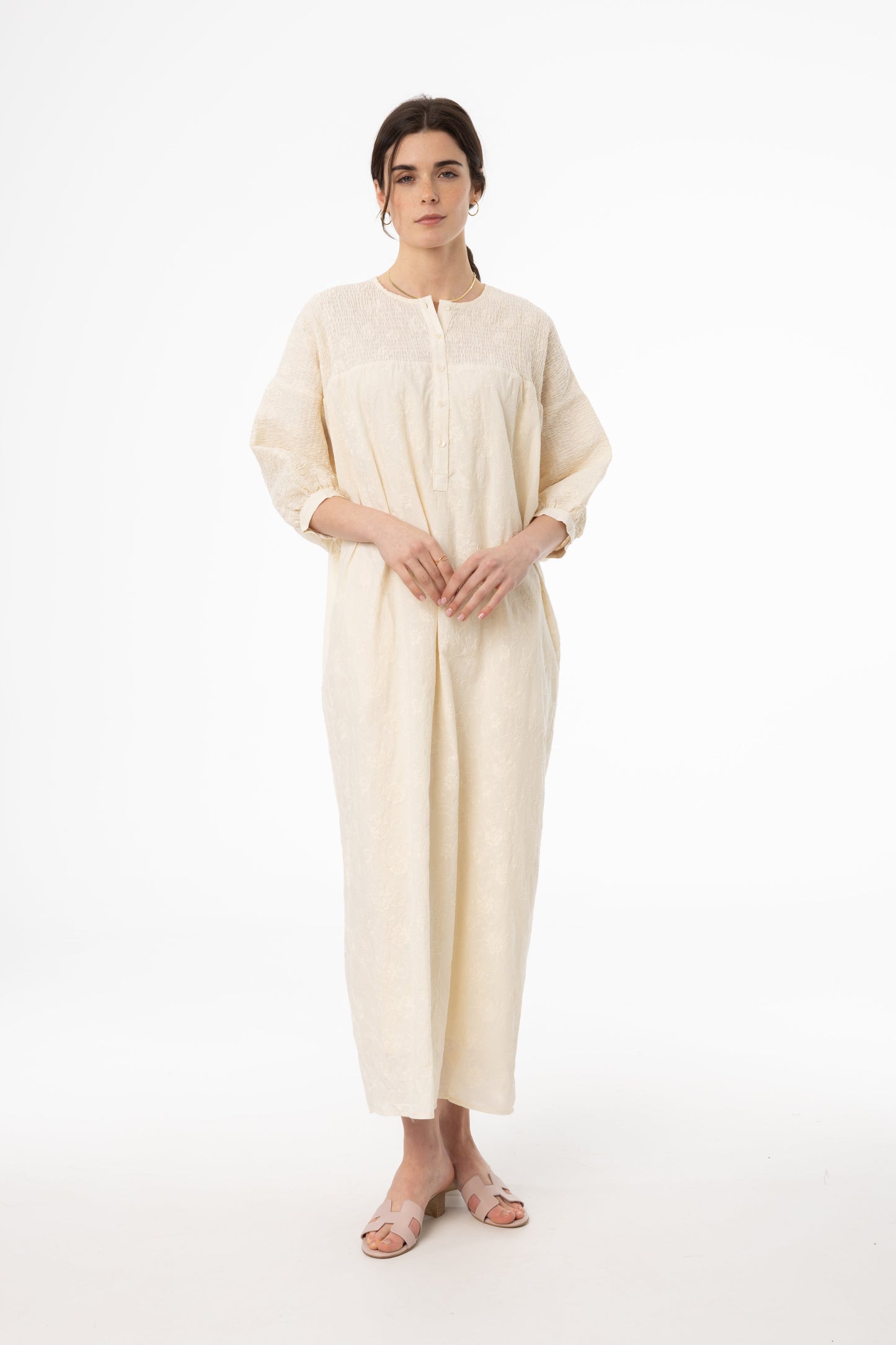 Ivory Embroidered Smocked Maxi Dress
