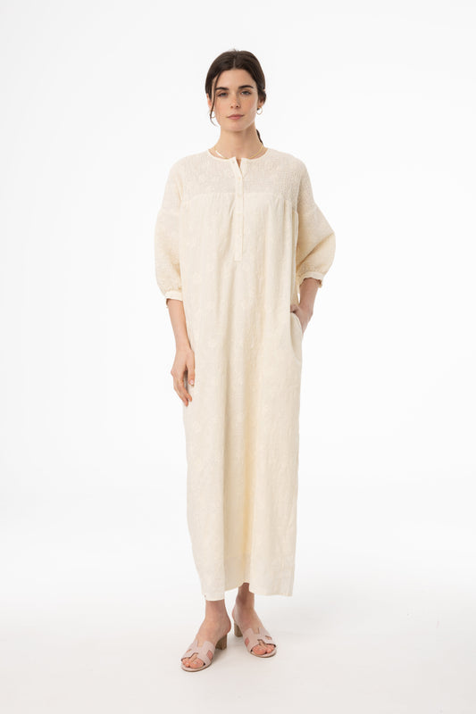 Ivory Embroidered Smocked Maxi Dress