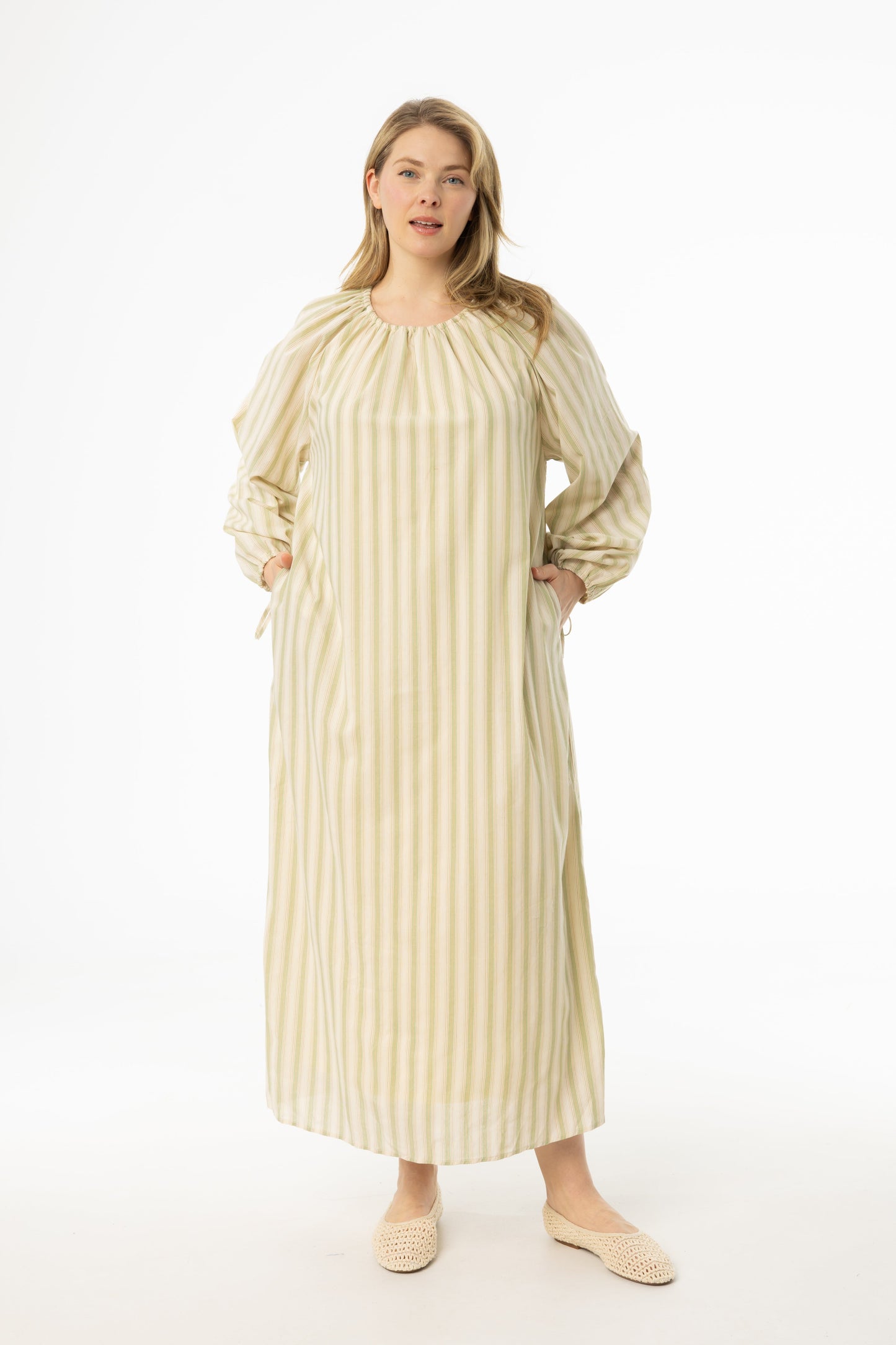 Light Green Stripe Drawstring Sleeve Maxi Dress