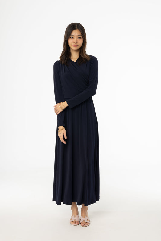 Navy Slinky Faux Wrap Maxi Dress