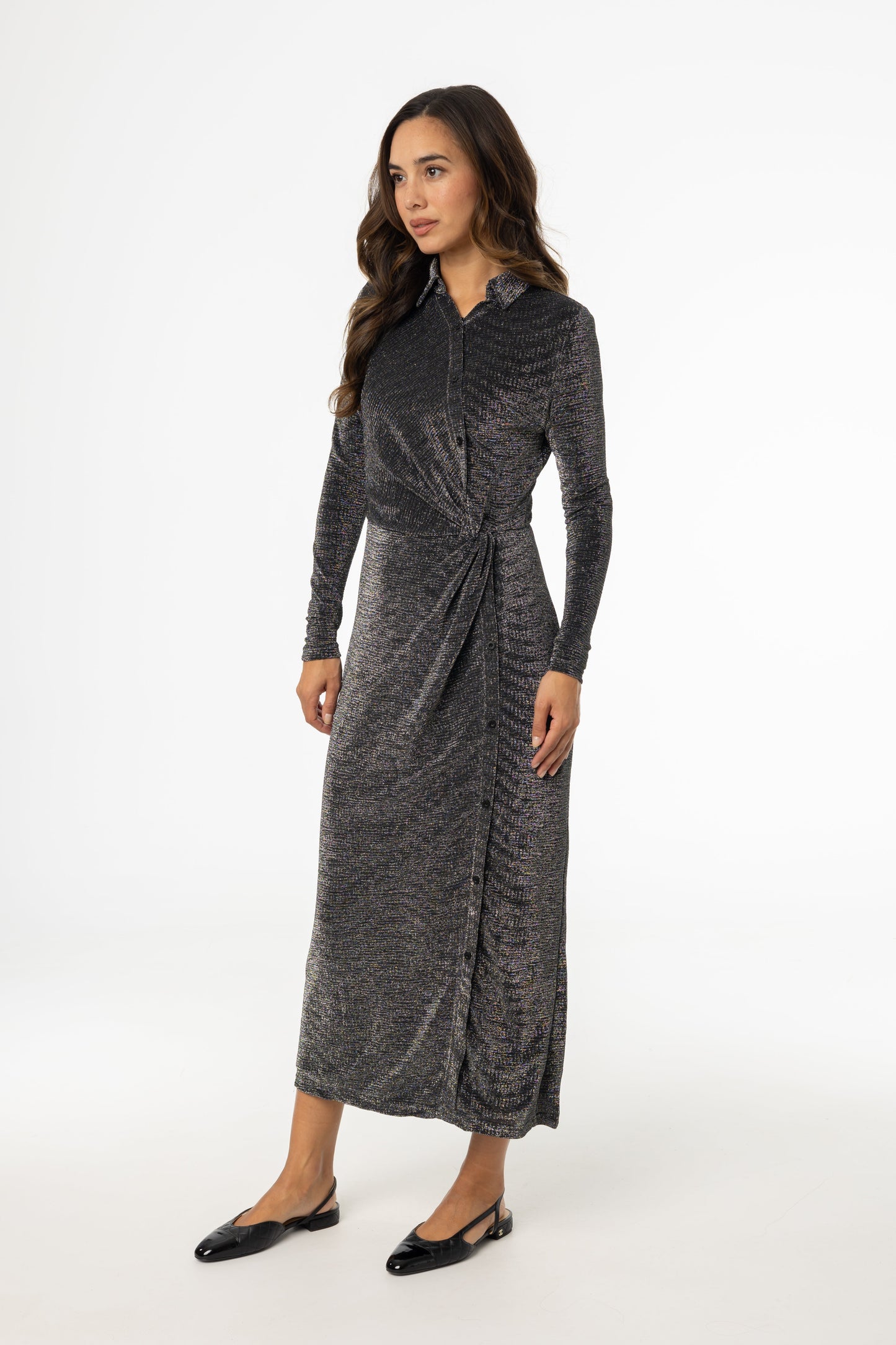 Silver Sparkle Side Button Maxi Dress