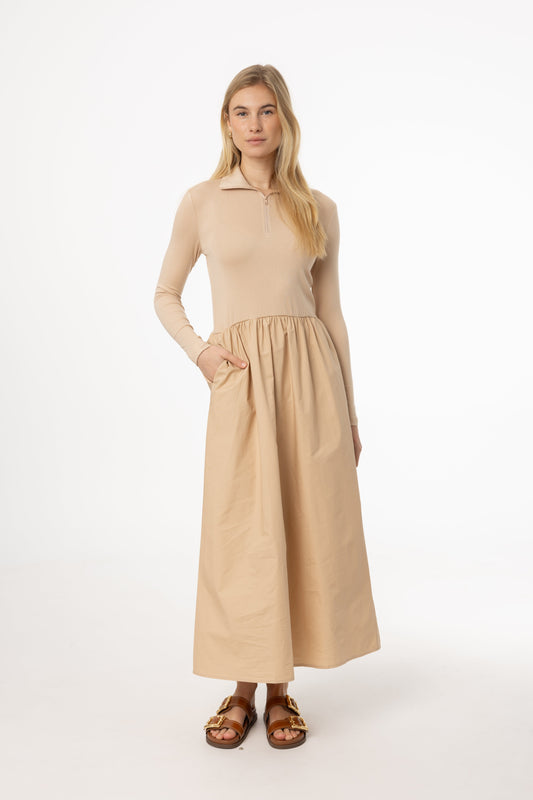 Tan Quarter Zip Maxi Dress