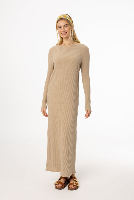 Tan Wide Ribbed Basic Maxi Dress